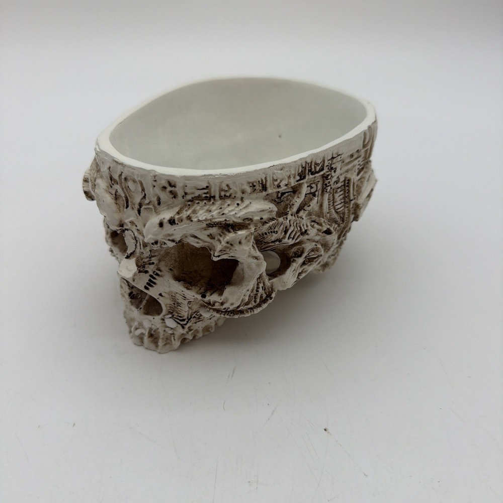 resin skull planter or trinket dish with an aged, engraved finish Skull